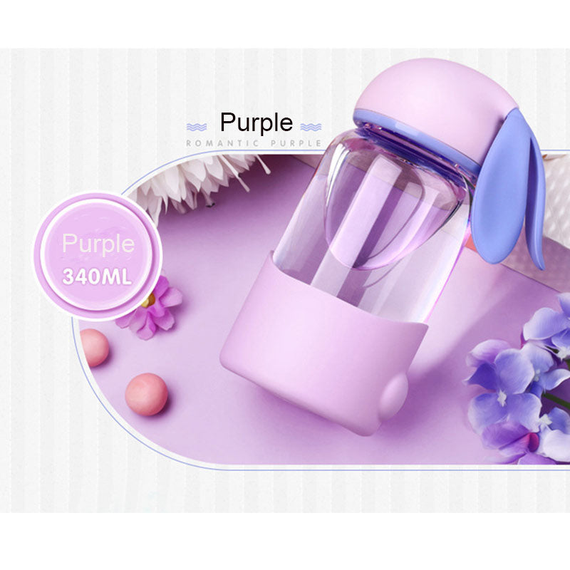 パープル340mlのうさ耳耐熱ガラスウォーターボトル カラー表示付きのイメージ写真（ワイドマウスボトル）
