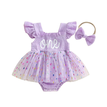 ふんわりチュールで写真映えする 女の子ベビーメッシュロンパース one刺しゅう ボウヘアバンド付き コットン 6〜18ヶ月