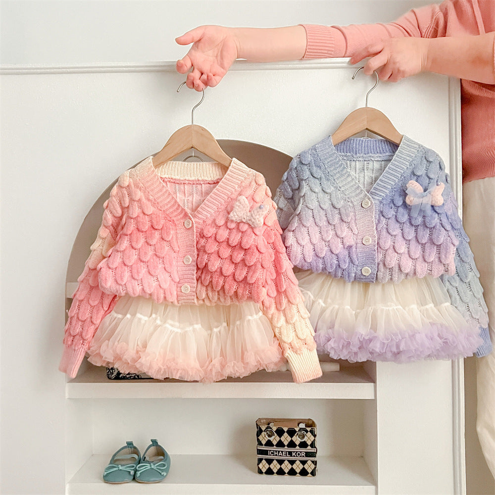 ふんわりグラデーションで華やぐ 女の子カーディガン＆チュチュスカートセット うろこ編みデザイン ポリエステル素材 90~130cm