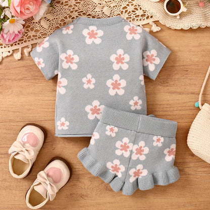 さらっと軽やかに甘さが映える 女の子フラワー柄ニットセットアップ 半袖トップス＆フリルショートパンツ ビスコース ライトブルー 0〜6か月〜2〜3歳