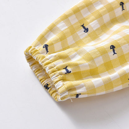 きちんと可愛いおでかけが叶う 女の子襟付きブラウス＆ロングパンツ2点セット イエローギンガムチェックリボンデザイン コットン 66~110cm
