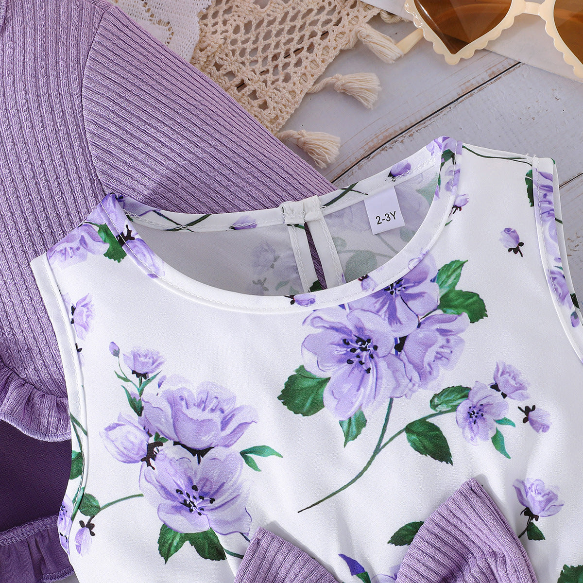 ふんわり花柄で可憐にまとまる 女の子ノースリーブAラインワンピース＆フリルカーディガンセット ポリエステル素材 2〜8歳