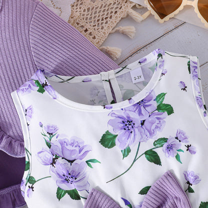 ふんわり花柄で可憐にまとまる 女の子ノースリーブAラインワンピース＆フリルカーディガンセット ポリエステル素材 2〜8歳