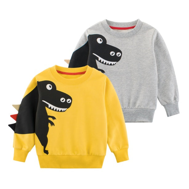 グレーとイエローの恐竜プリント韓国風キッズ長袖トレーナー2色
