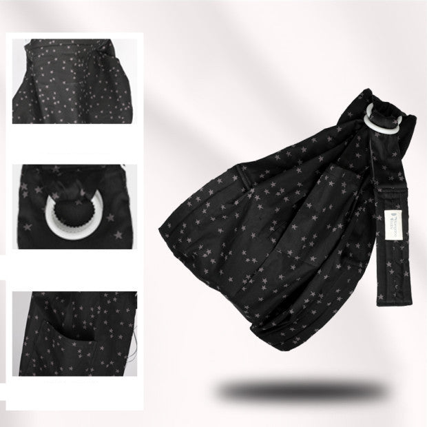 ブラックの新生児横抱きリングスリング 着用イメージ 白背景（スリング抱っこ）
