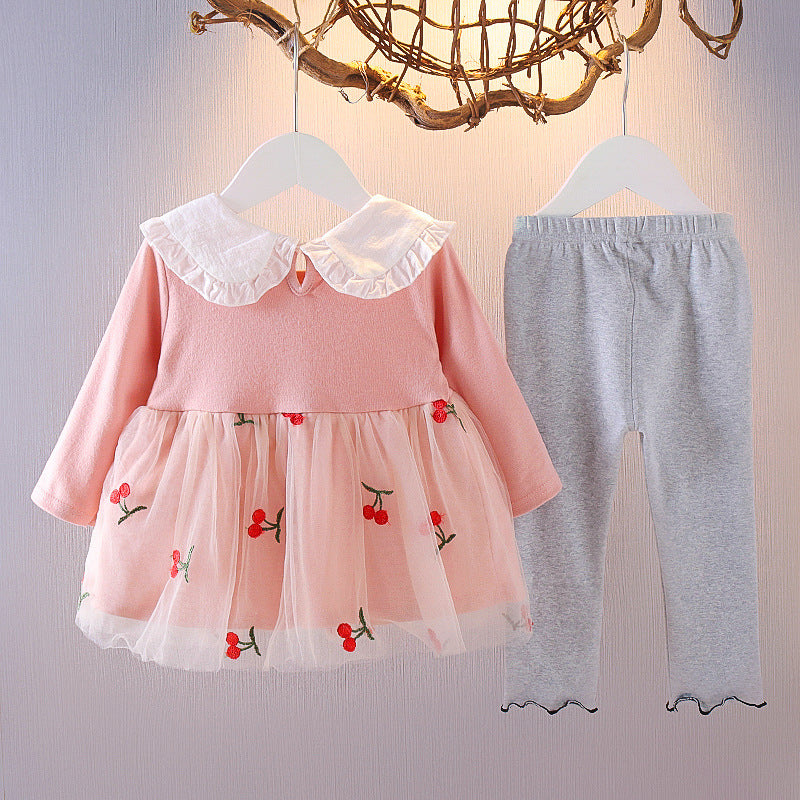 ふんわりチュールにさくらんぼ刺繍が映える 女の子襟付きワンピース＆レギンス上下セット 長袖 66〜110cm