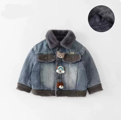 風を通しにくく冬もあたたかい 男の子デニムジャケット くまモチーフ付き ボア襟フリース裏地 綿混デニムブルー 90~150cm
