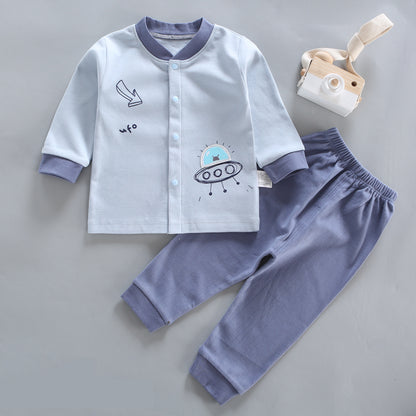 UFOデザインのブルートップスとパンツのベビー長袖パジャマセット
