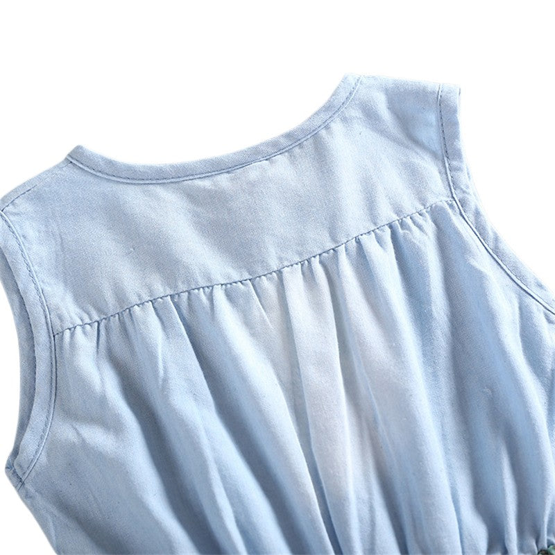 夏のおでかけが華やぐ 女の子ノースリーブワンピース 花柄フレアスカート×デニム風トップ コットン裏地 リボン付き 90~150cm