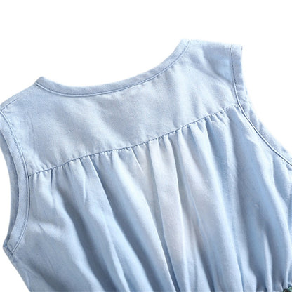 夏のおでかけが華やぐ 女の子ノースリーブワンピース 花柄フレアスカート×デニム風トップ コットン裏地 リボン付き 90~150cm