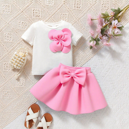おでかけが華やぐ 女の子フラワーモチーフ半袖トップス＆リボンパフスカートセットアップ コットン 9-12ヶ月〜3-4歳