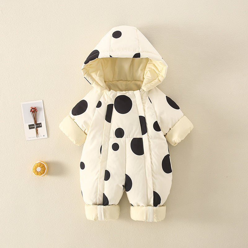 ドット柄冬用厚手ベビーカバーオール正面
