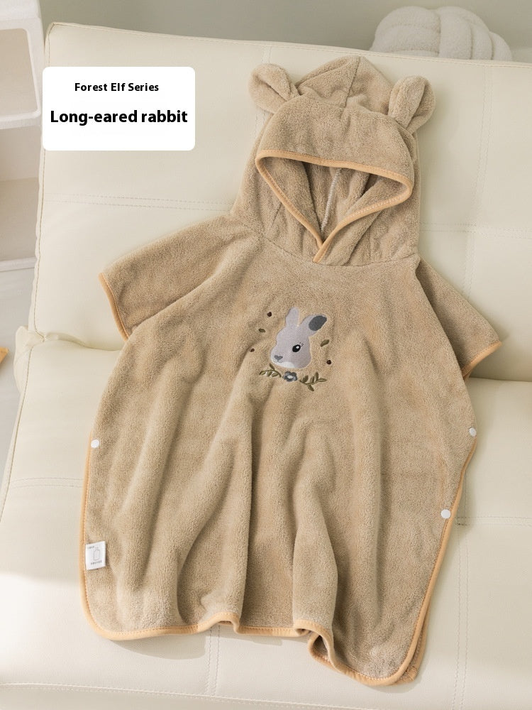 ロングイヤーラビット刺繍 フード付きキッズバスローブ 着用イメージ（コーラルフリース・タオルローブ）
