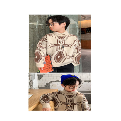 伸縮性のあるニットで秋冬に映える 男の子長袖プルオーバーセーター ウエスタン幾何学柄 ポリエステルニット 裏起毛バリエーション 120〜170cm