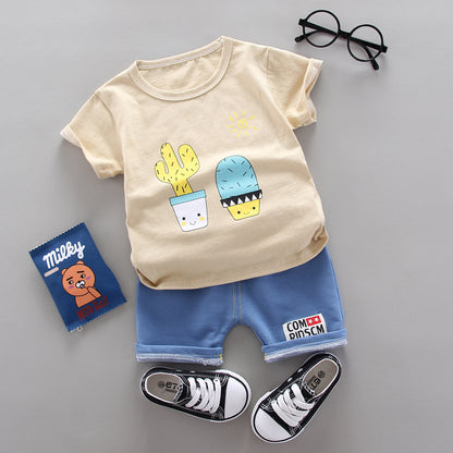 さらっと快適に夏コーデが完成 男の子半袖Tシャツ＆ショートパンツセット サボテンカートゥーンプリント コットン95% 薄手 80~110cm