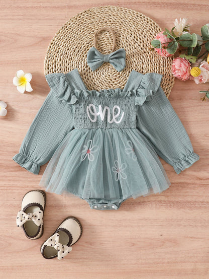 バースデーにふんわり映える 女の子長袖ロンパース チュールスカート重ね one刺繍 コットンニット ピンク・ベージュ・オリーブ 6〜18ヶ月