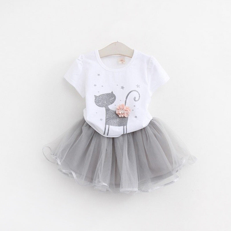 おめかし気分が高まる 女の子半袖Tシャツ＆ふんわりスカートセット ねこカートゥーン立体フラワー コットン混 90~130cm