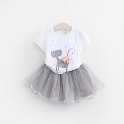 おめかし気分が高まる 女の子半袖Tシャツ＆ふんわりスカートセット ねこカートゥーン立体フラワー コットン混 90~130cm