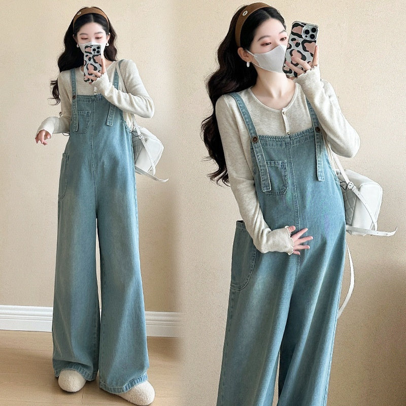 マタニティデニムサロペットパンツ モデル着用 全身スタイル
