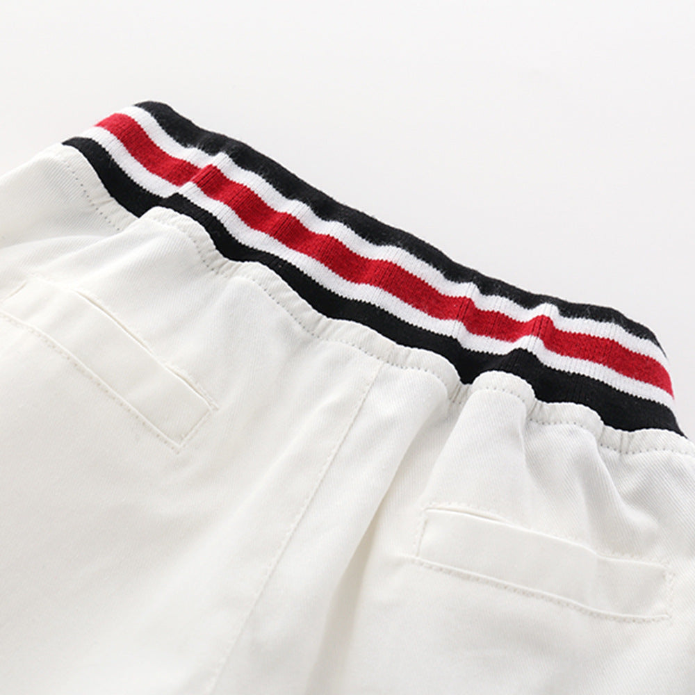 きちんと感でおでかけが映える 男の子襟付き半袖シャツ＆ホワイトショートパンツ上下セット ストライプ柄 コットン 90~130cm