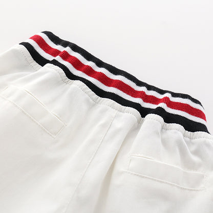 きちんと感でおでかけが映える 男の子襟付き半袖シャツ＆ホワイトショートパンツ上下セット ストライプ柄 コットン 90~130cm