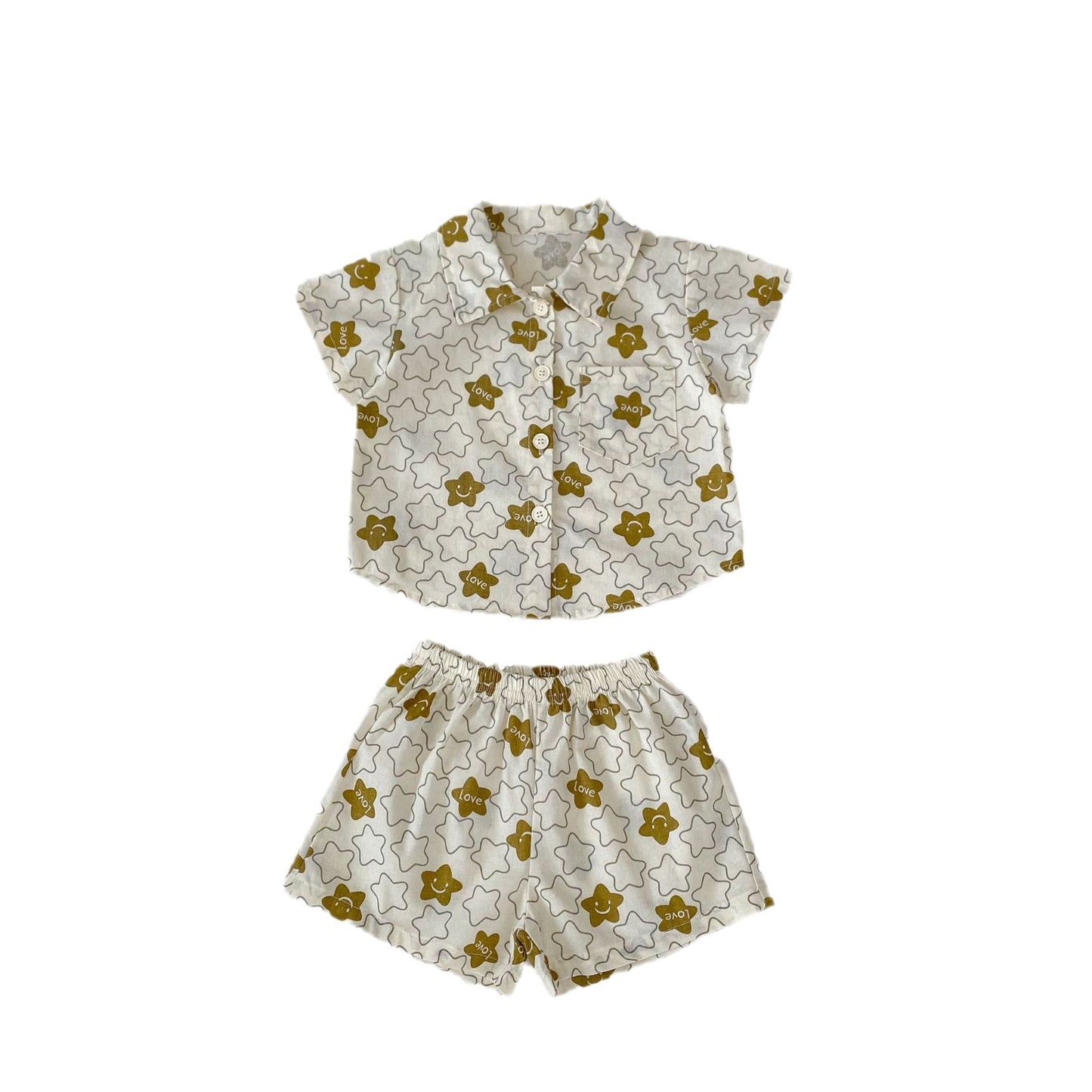 さらっと涼しくきちんと可愛い 男の子半袖襟付きシャツ上下セット 子ねこ＆スターラブ柄 コットン素材 73~110cm