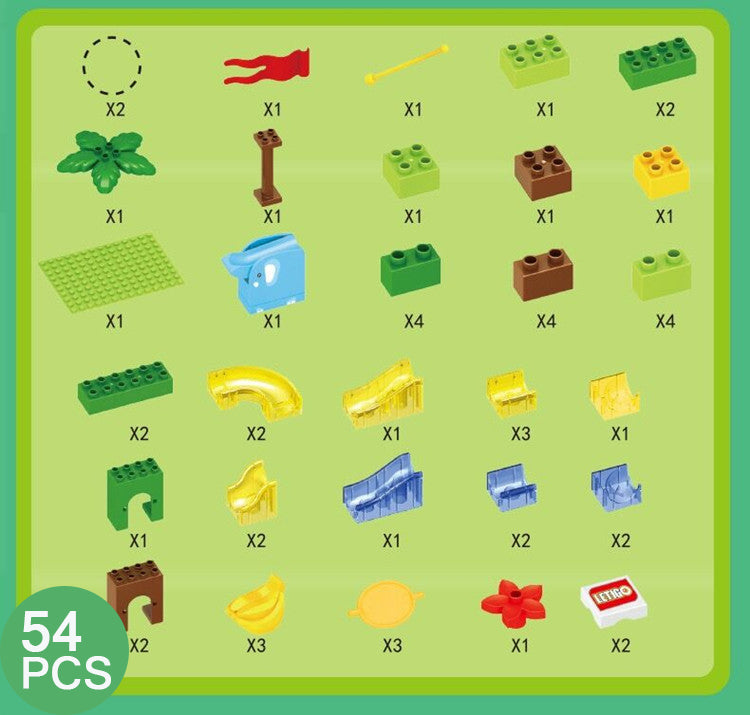 白い背景に54ピースの玉転がしブロックセットが並んでいる商品イメージ
