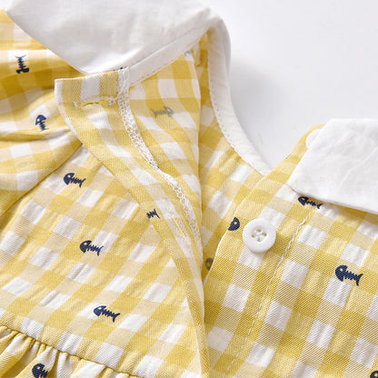 きちんと可愛いおでかけが叶う 女の子襟付きブラウス＆ロングパンツ2点セット イエローギンガムチェックリボンデザイン コットン 66~110cm