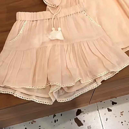 ふんわり涼しくおでかけが映える 女の子フレア袖ブラウス＆ティアードスカートセット 刺繍デザイン ポリエステル素材 80~130cm