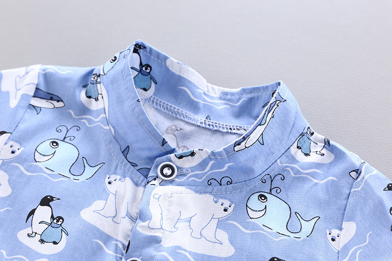 UVカット＆やわらか加工 アニマル総柄 半袖シャツ＋5分丈パンツ ベビー男の子 上下2点セット（コットン）