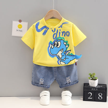 夏のお出かけが楽しくなる 子ども半袖Tシャツ&デニムショートパンツ上下2点セット 恐竜カートゥーンプリント コットン 80~120cm