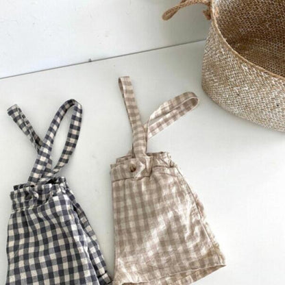 軽やかギンガムで毎日コーデが可愛くまとまる 子どもサロペットショーツ チェック柄 コットン100% 80〜110cm