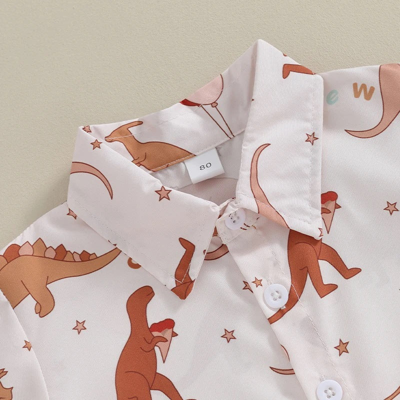 元気に動けてきちんと見えも叶う 男の子半袖シャツ＆恐竜柄デザイン上下セット コットン 80〜120cm