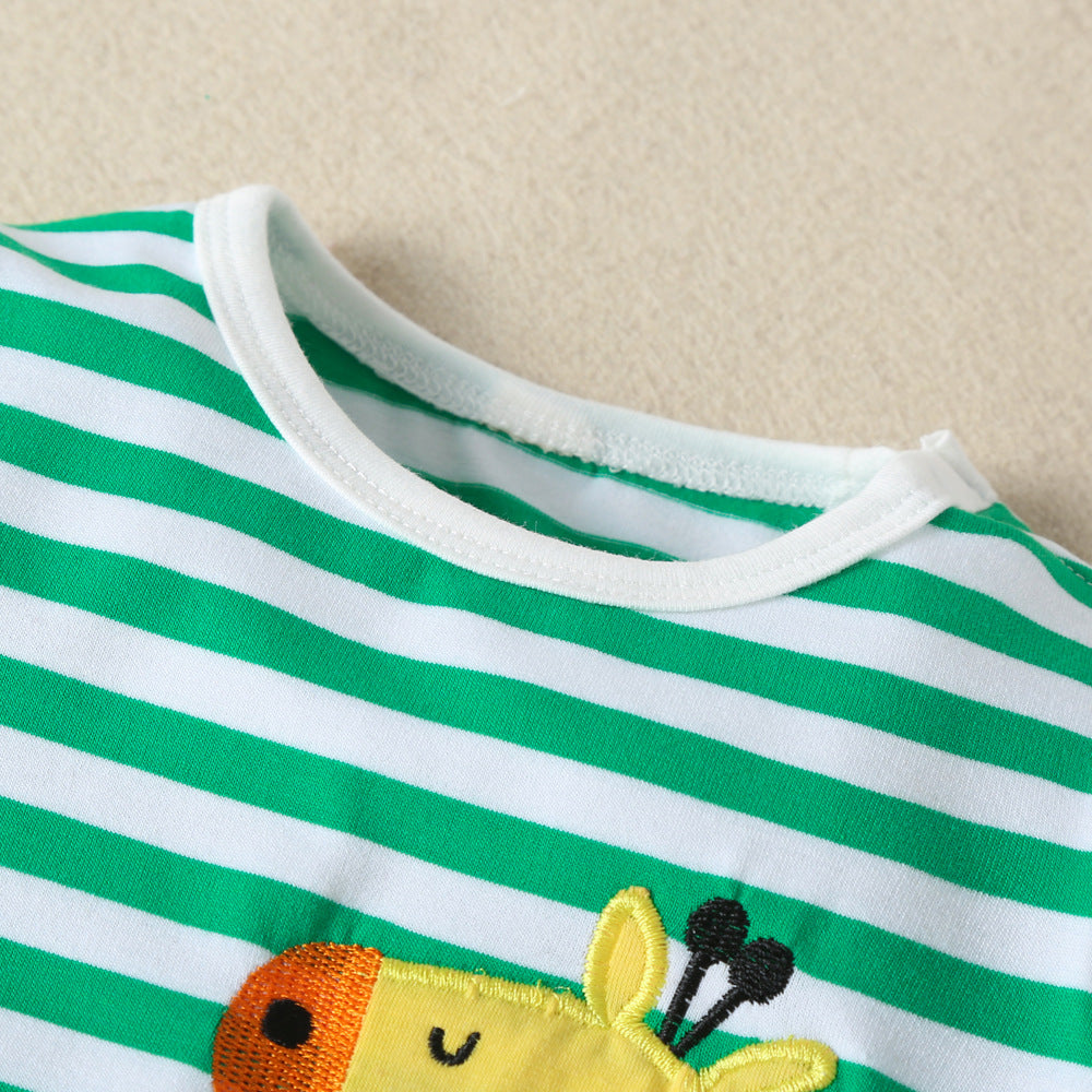 おむつ替えもスムーズで快適 子ども長袖カバーオール グリーンボーダー きりんアップリケ コットン混 60〜90cm