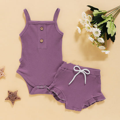 ふんわりやさしく着映える 女の子ベビー ノースリーブボディスーツ＆フリルショートパンツ上下セット リブニット無地 コットン 60~100cm