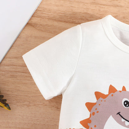 元気いっぱい夏コーデが完成する 男の子恐竜プリント半袖Tシャツ＆デニムショーツセット ポリエステルニット 9〜12ヶ月〜3〜4歳