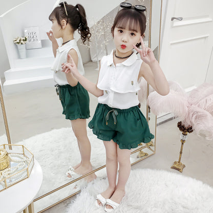 上品に可愛くまとまる 女の子ノースリーブ襟付きブラウス＆フリルショートパンツセット プリンセス風デザイン コットン80％ 110~120cm