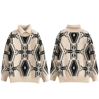 伸縮性のあるニットで秋冬に映える 男の子長袖プルオーバーセーター ウエスタン幾何学柄 ポリエステルニット 裏起毛バリエーション 120〜170cm