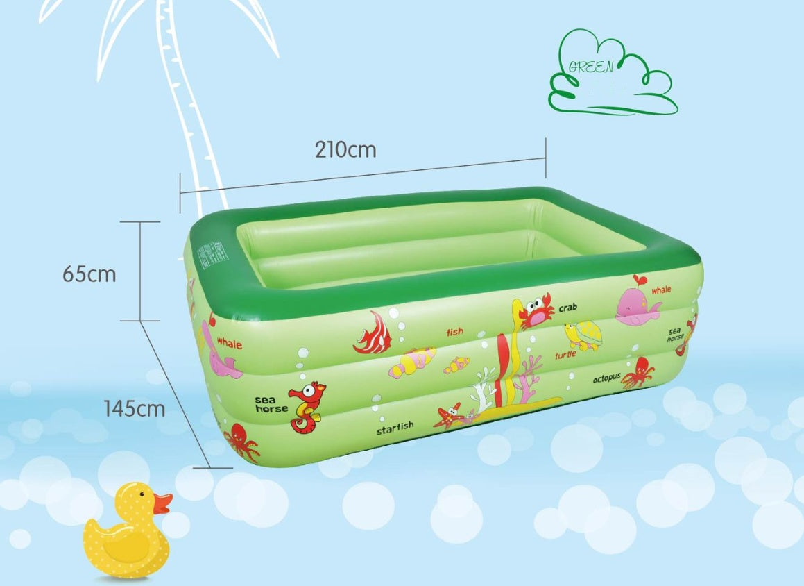 庭やベランダで水あそびが広がる PVCインフレータブル ベビーパドリングプール 210 x 145 x 65cm（ブルー・グリーン）4kg
