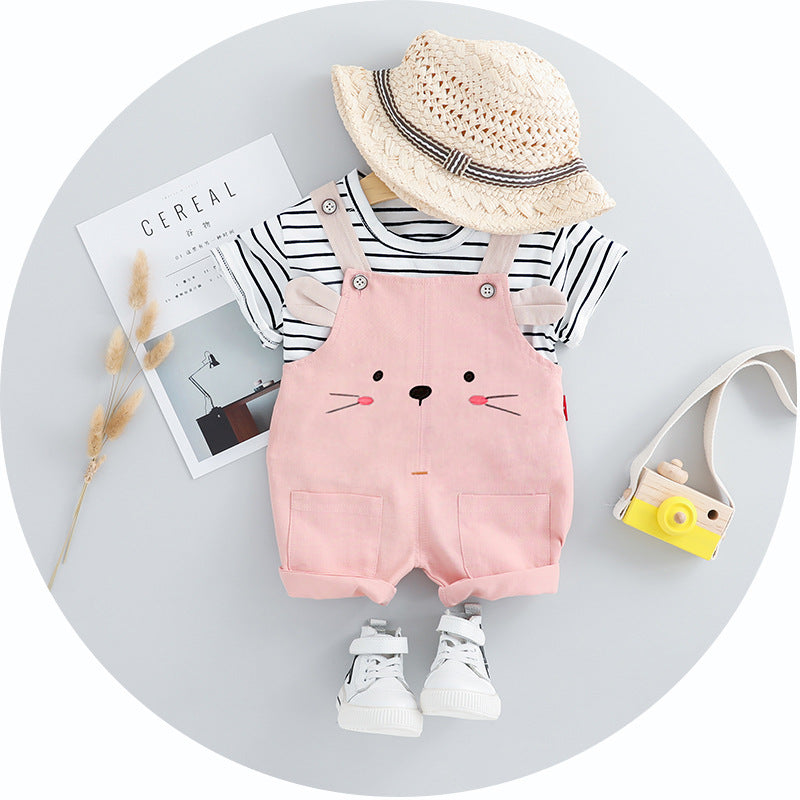 コーデが一瞬で完成して動きやすい 子どもボーダー半袖Tシャツ＆アニマルフェイスサロペットオーバーオール2点セット ブルー・ピンク 70~100cm