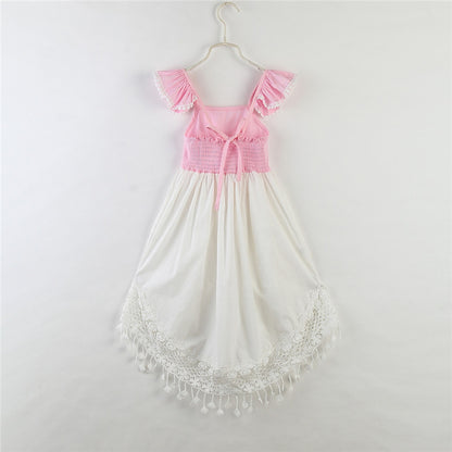 軽やかに揺れるレースタッセル裾で夏のおしゃれが決まる 女の子イレギュラーヘムワンピース フリル袖 コットン 110~160cm