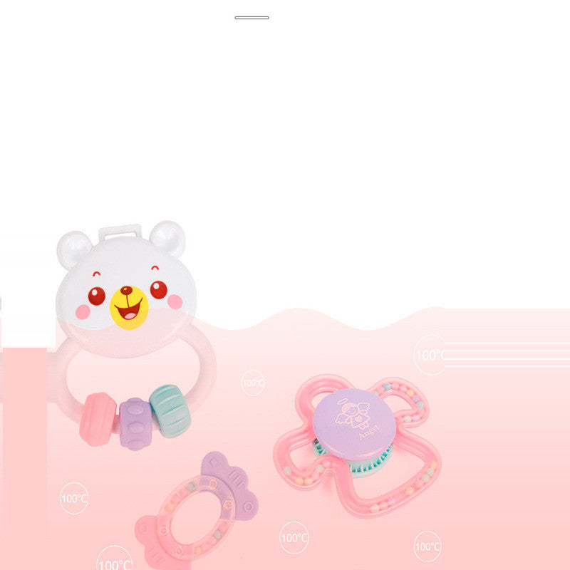 歯固めとラトル各パーツを並べた俯瞰イメージ（パステルカラー）

