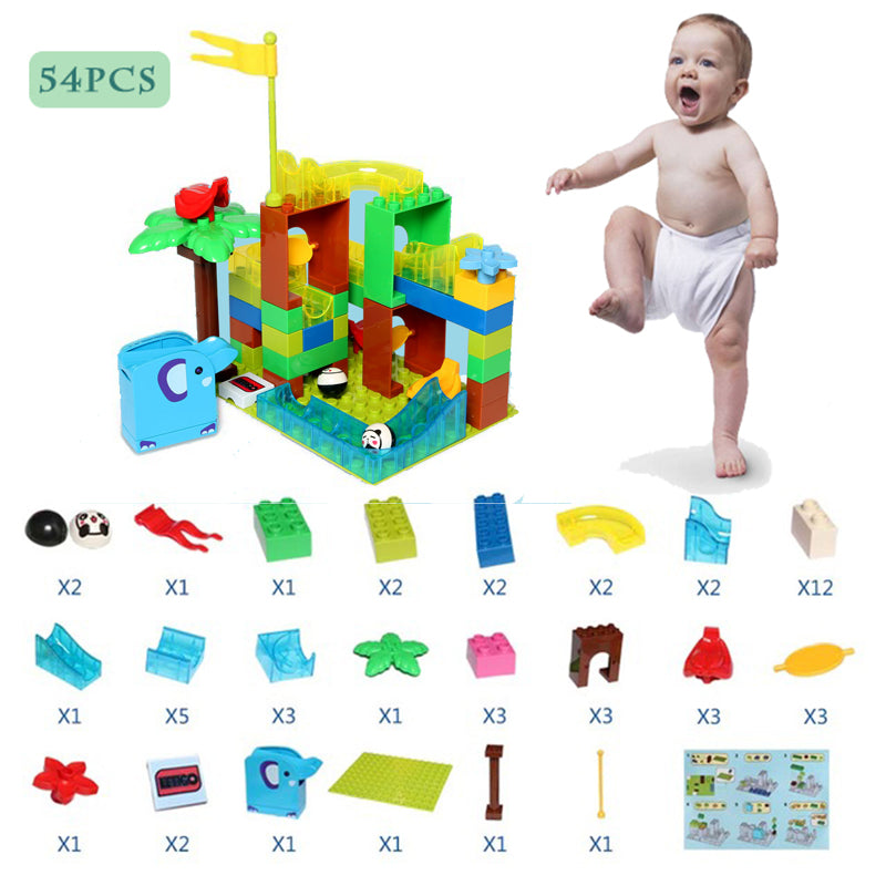 白い背景に54ピースの玉転がしブロックセットが並んでいる商品イメージ
