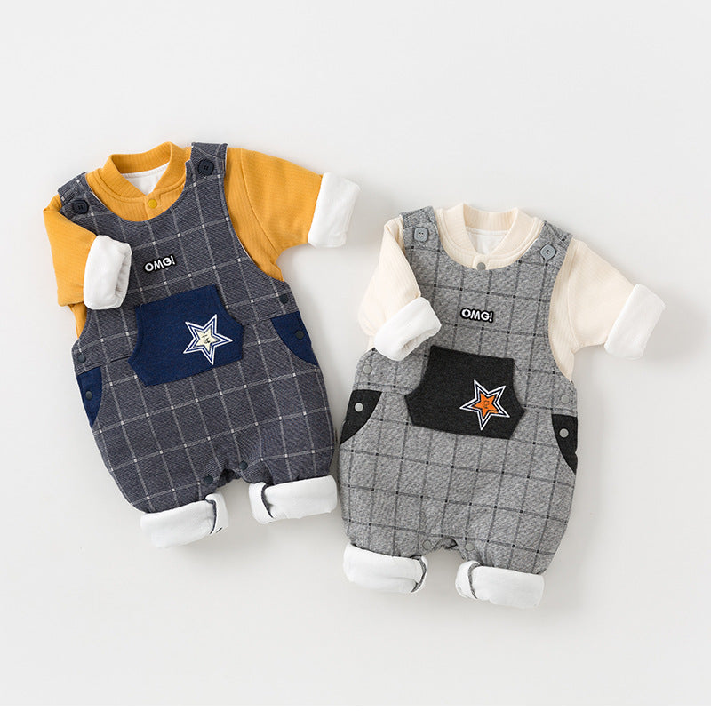 きちんと可愛いおでかけが完成する 男の子ベビー上下セット チェック柄サロペット 星ワッペン コットン95% 66~90cm