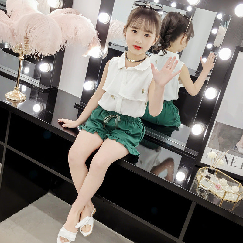 上品に可愛くまとまる 女の子ノースリーブ襟付きブラウス＆フリルショートパンツセット プリンセス風デザイン コットン80％ 110~120cm