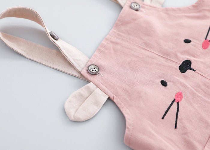 コーデが一瞬で完成して動きやすい 子どもボーダー半袖Tシャツ＆アニマルフェイスサロペットオーバーオール2点セット ブルー・ピンク 70~100cm