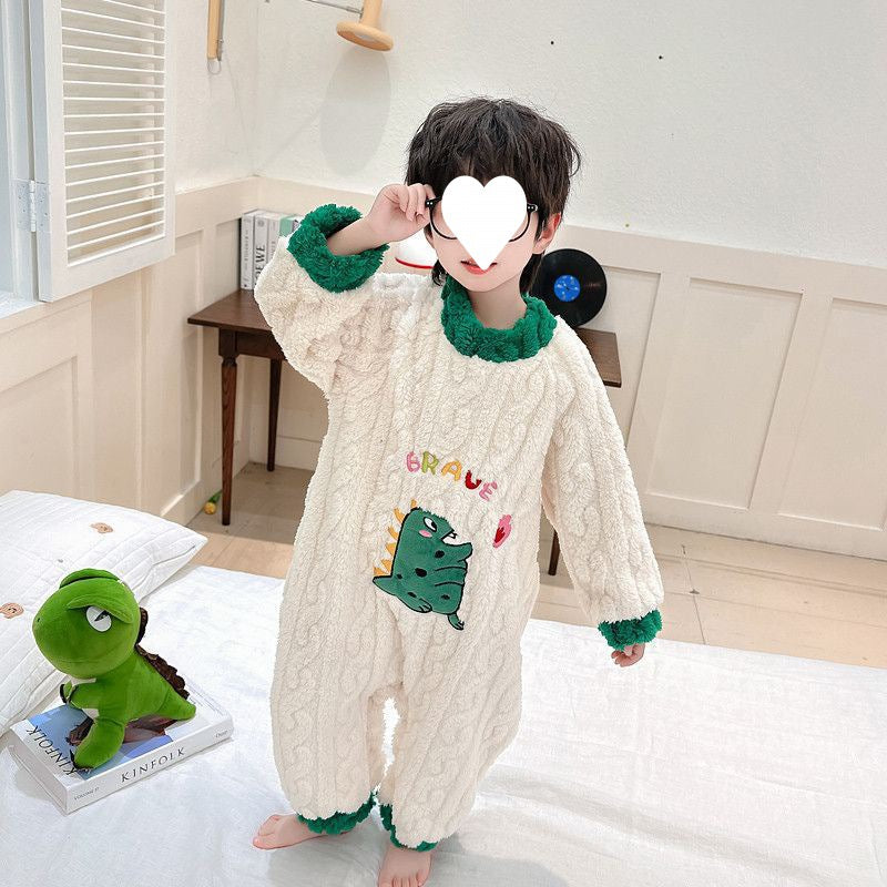 恐竜柄がポイントの男の子用フランネルつなぎパジャマ
