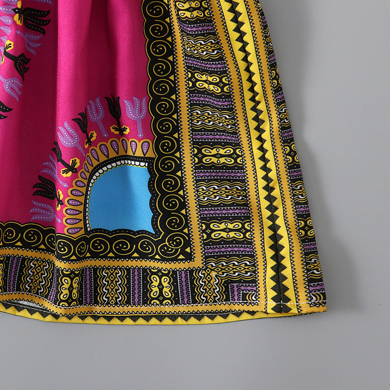 ぱっと華やぐカラフル柄でおしゃれ見えする 女の子ジャンパースカート ボヘミアンプリント シャーリングデザイン ポリエステル70% 90~130cm