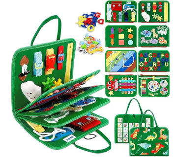 緑色のモンテッソーリ知育バッグ、恐竜テーマのページとボタン・ひも結び・形合わせなど多層アクティビティが揃った幼児向け学習セット  

