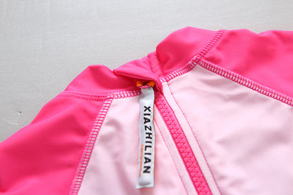 ベビー女の子 フラミンゴ柄 スイムロンパース ラッシュガード一体型 前開きジップ サンハット付き ライトピンク